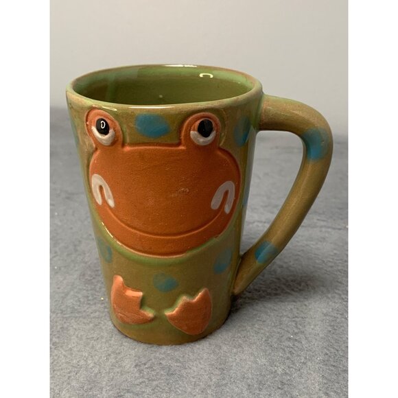 Handmade 1980s Frog Face Ceramic Mug with Blue Polka Dots & Green/Orange Glaze - Picture 1 of 9